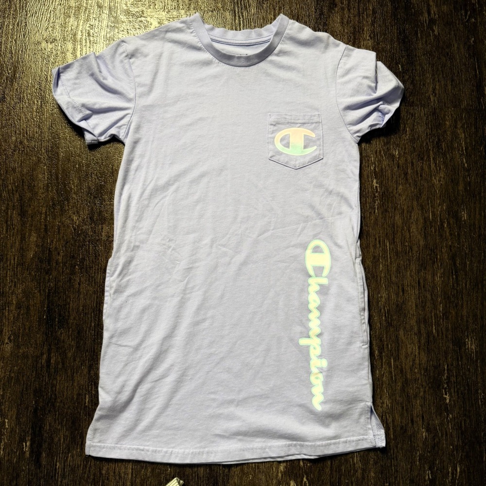 Champion T-Shirt Dress Girls Medium Lavender Logo Pocket Sporty